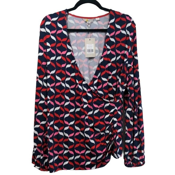 NWT Boden Womens Elodie Wrap Top Size 20/22 Navy Red Stretch Casual LS Viscose - Picture 2 of 12
